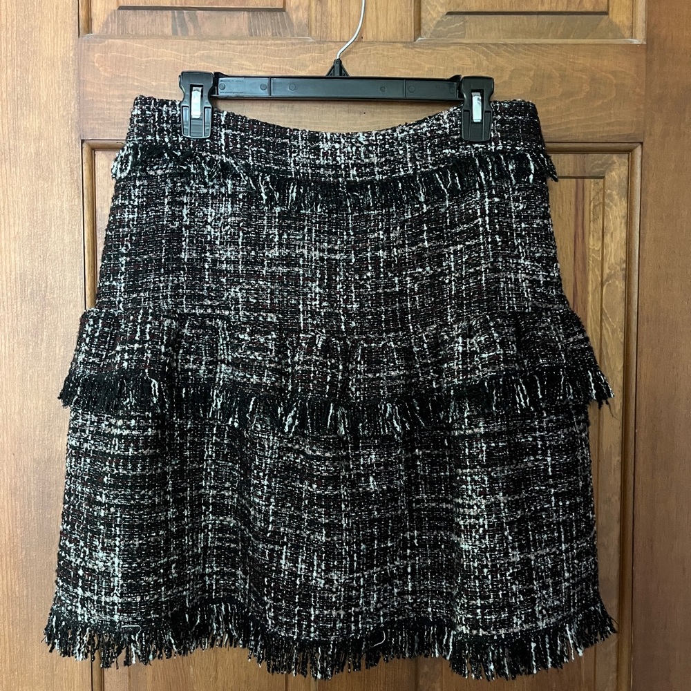 Black & Burgundy Tweed Fringe Mini Skirt - Women
